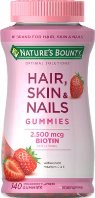 Nature&#39;s Bounty Hair, Skin &amp; Nails with Biotin, Strawberry Gummies Vitamin Supplement, Supports Hair, Skin, and Nail Health for Women, 2500 mcg, 140 Ct