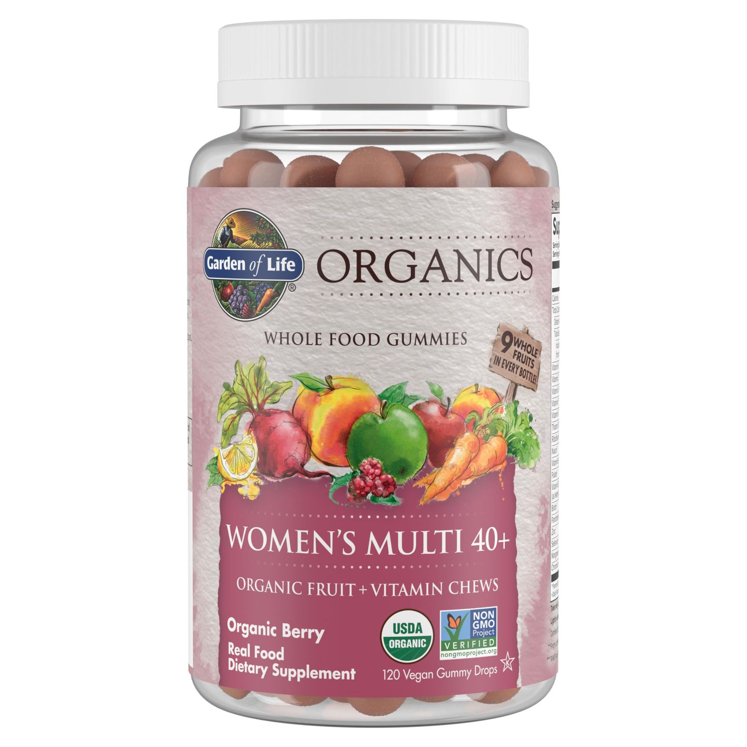 Garden of Life Organics Women 40+ Gummy Vitamins - Berry - Certified Organic, Non-GMO, Vegan, Kosher Complete Multi - Methyl B12, C &amp; D3 - Gluten, Soy &amp; Dairy Free, 120 Real Fruit Gummies