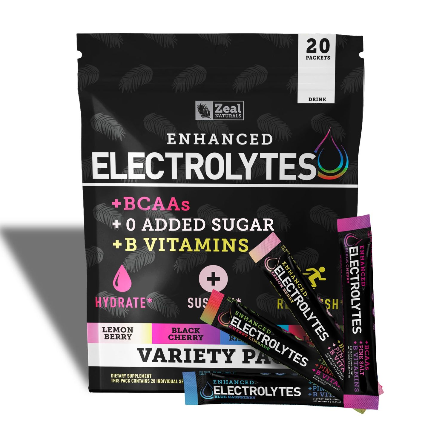 Enhanced Electrolyte Powder Stick Packs (Variety Pack - 20 Packets) w 0 Sugar +BCAAs +B-Vitamins Electrolyte Supplement w Potassium Zinc &amp; Magnesium for Hydration - Keto Electrolytes