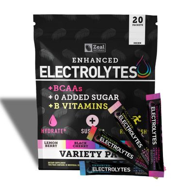 Enhanced Electrolyte Powder Stick Packs (Variety Pack - 20 Packets) w 0 Sugar +BCAAs +B-Vitamins Electrolyte Supplement w Potassium Zinc &amp; Magnesium for Hydration - Keto Electrolytes