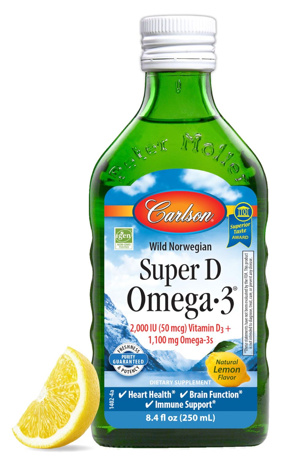 Carlson - Super D Omega-3, Wild-Caught Norwegian Arctic Cod Liver Oil, 2000 IU (50 mcg) Vitamin D3, 1100 mg Omega-3s, Sustainably Sourced Nordic Fish Oil Liquid, Lemon, 250 ml
