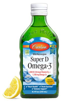 Carlson - Super D Omega-3, Wild-Caught Norwegian Arctic Cod Liver Oil, 2000 IU (50 mcg) Vitamin D3, 1100 mg Omega-3s, Sustainably Sourced Nordic Fish Oil Liquid, Lemon, 250 ml