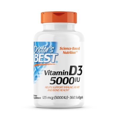 Doctor&#39;s Best Vitamin D3 5,000 IU for Healthy Bones, Teeth, Heart and Immune Support, Non-GMO, Gluten-Free, Soy Free, 360 Count (Pack of 1)