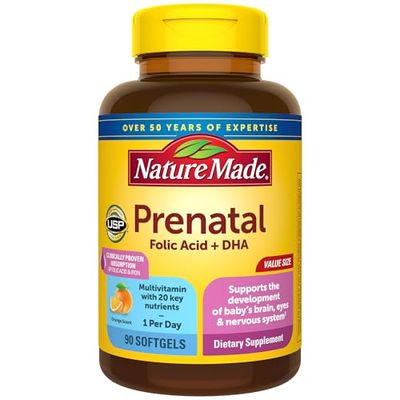 Nature Made Prenatal with Folic Acid + DHA, Prenatal Vitamin and Mineral Supplement for Daily Nutritional Support, 90 Softgels, 90 Day Supply