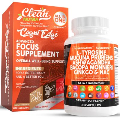 Clean Nutraceuticals L Tyrosine 1000mg Mucuna Pruriens 6000mg Bacopa Monnieri 500mg Ashwagandha 4000mg Focus Supplement w/N-Acetyl Cysteine 600mg NAC 5-HTP Ginkgo Biloba Alpha GPC Vitamin C D B1 B12