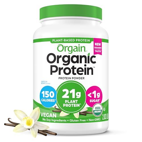Orgain Organic Vegan Protein Powder, Vanilla Bean - 21g Plant Protein, 6g Prebiotic Fiber, No Lactose Ingredients, No Added Sugar, Non-GMO, For Shakes &amp; Smoothies, 2.03 lb (Packaging May Vary)