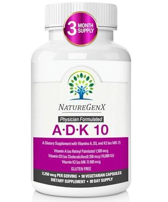 NatureGenX ADK 10 Supplement - Potent A, K2 &amp; D3 Vitamin Supplement 10000 IU for Bone, Heart &amp; Immune Support - 90 Count Easy-to-Swallow Vitamin ADK Supplement Capsules (3 Month Supply)