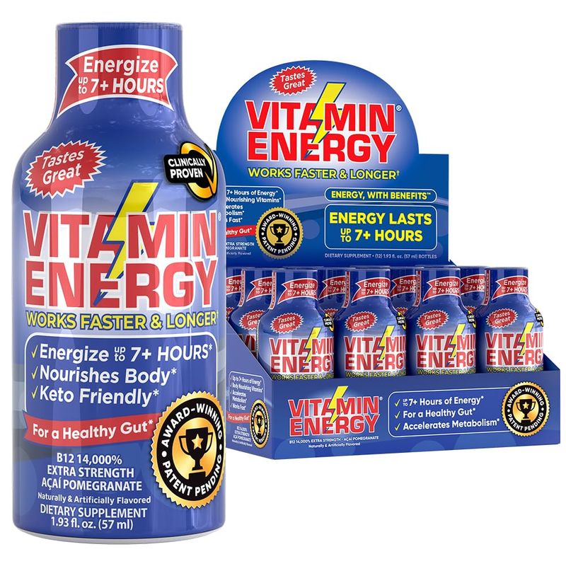 Vitamin Energy B12 Energy Shots | Natural Healthy Energy &amp; Focus Drink | Sugar-Free Carb-Free Supplement | Vitamins B6, B12 | Energize up to 7+ Hours | Acai Pomegranate - 1.93 fl oz - Pack of 12