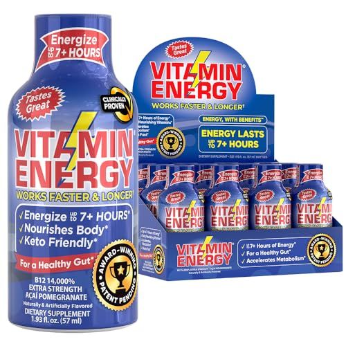 Vitamin Energy B12 Energy Shots | Natural Healthy Energy &amp; Focus Drink | Sugar-Free Carb-Free Supplement | Vitamins B6, B12 | Energize up to 7+ Hours | Acai Pomegranate - 1.93 fl oz - Pack of 12