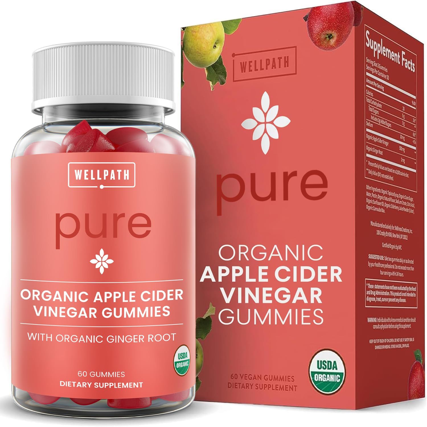 WellPath Organic Apple Cider Vinegar Gummies with The Mother - USDA Organic ACV Gummies - Ginger &amp; Apple Cider Vinegar with Mother for Gut Health - Vegan, Non-GMO, 60 Ct by Pure