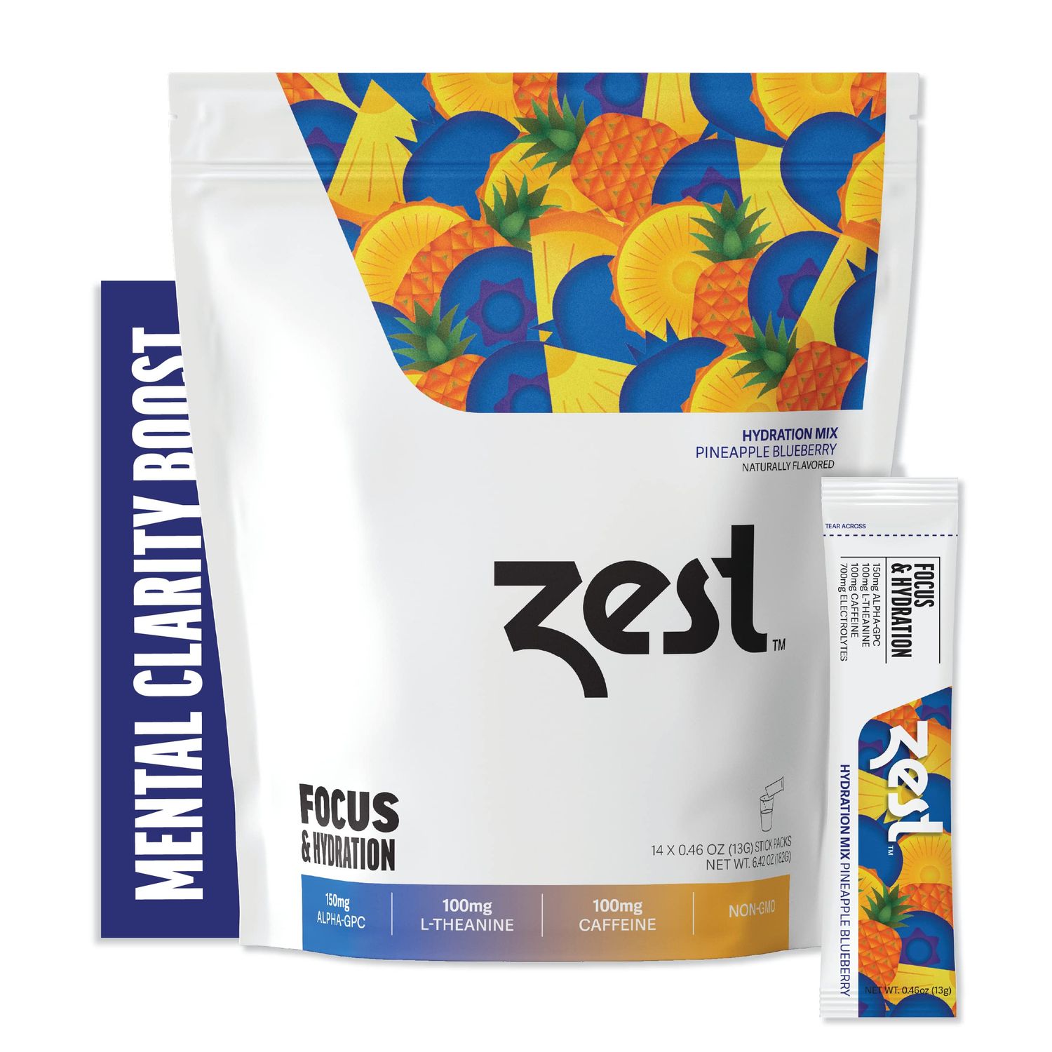 Zest Caffeine, L-Theanine, &amp; Alpha GPC - Focus &amp; Electrolyte Hydration Powder - Pineapple Blueberry - Mix w/Water - 14 Packets - Nootropic Brain Booster Supplement Drink - Low Sugar Liquid Enhancer