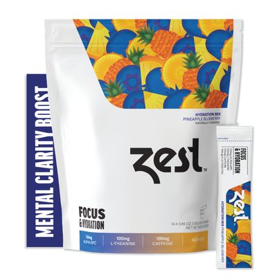 Zest Caffeine, L-Theanine, &amp; Alpha GPC - Focus &amp; Electrolyte Hydration Powder - Pineapple Blueberry - Mix w/Water - 14 Packets - Nootropic Brain Booster Supplement Drink - Low Sugar Liquid Enhancer