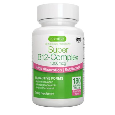 Super B12-Complex 1000mcg, Methylated Vitamin B12 Sublingual, Clean Label, Methylcobalamin, Adenosylcobalamin &amp; Hydroxocobalamin, 180 Servings, High Absorption Sugar-Free Melts, Vegan, by Igennus