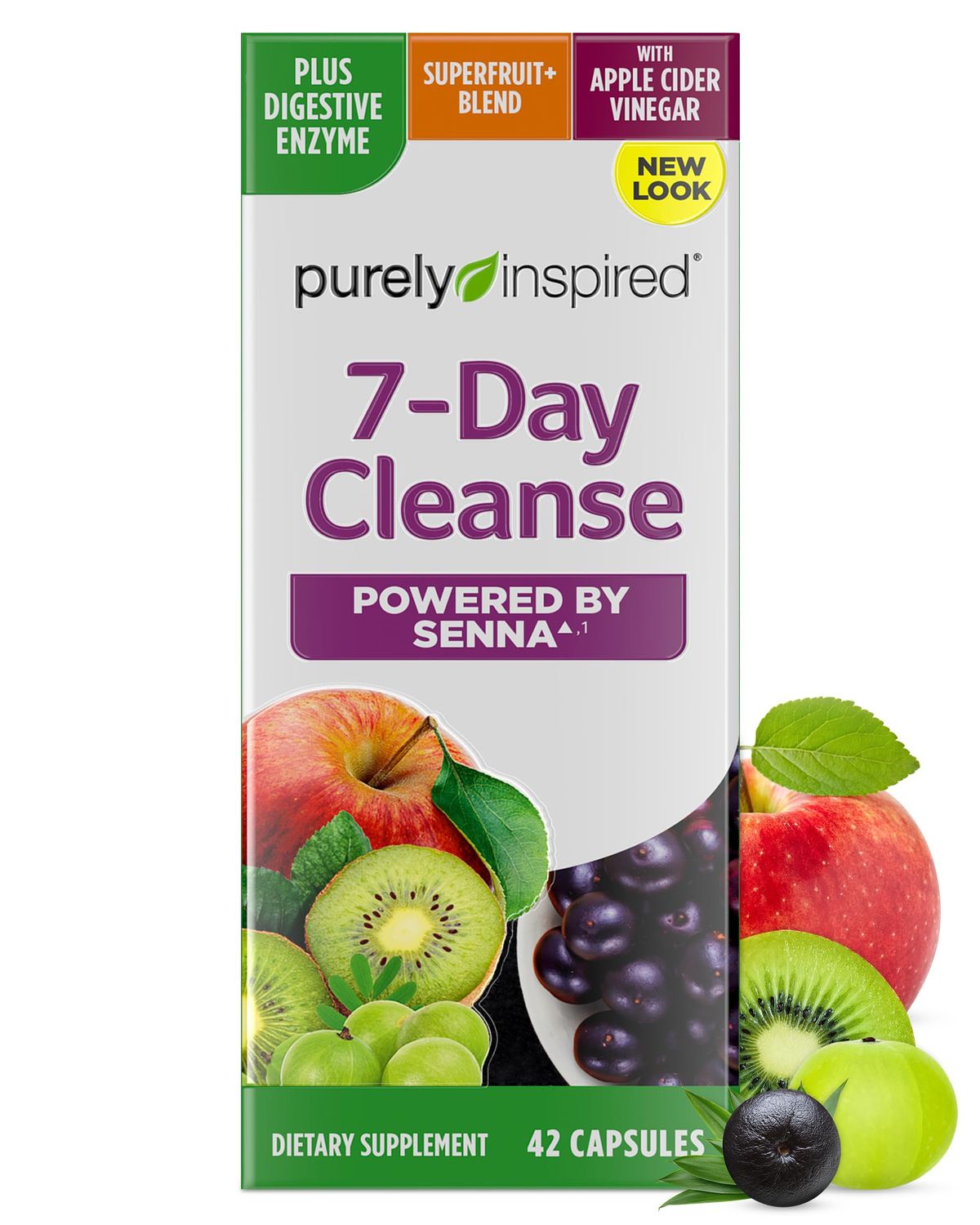 Purely Inspired 7-Day Detox Cleanse - Whole Body Cleanse &amp; Detox Pills for Women &amp; Men, Powered with Senna Leaf, Vitamin C, Apple Cider Vinegar, Digestive Enzymes &amp; Probiotics - 42 Acai Berry Capsules