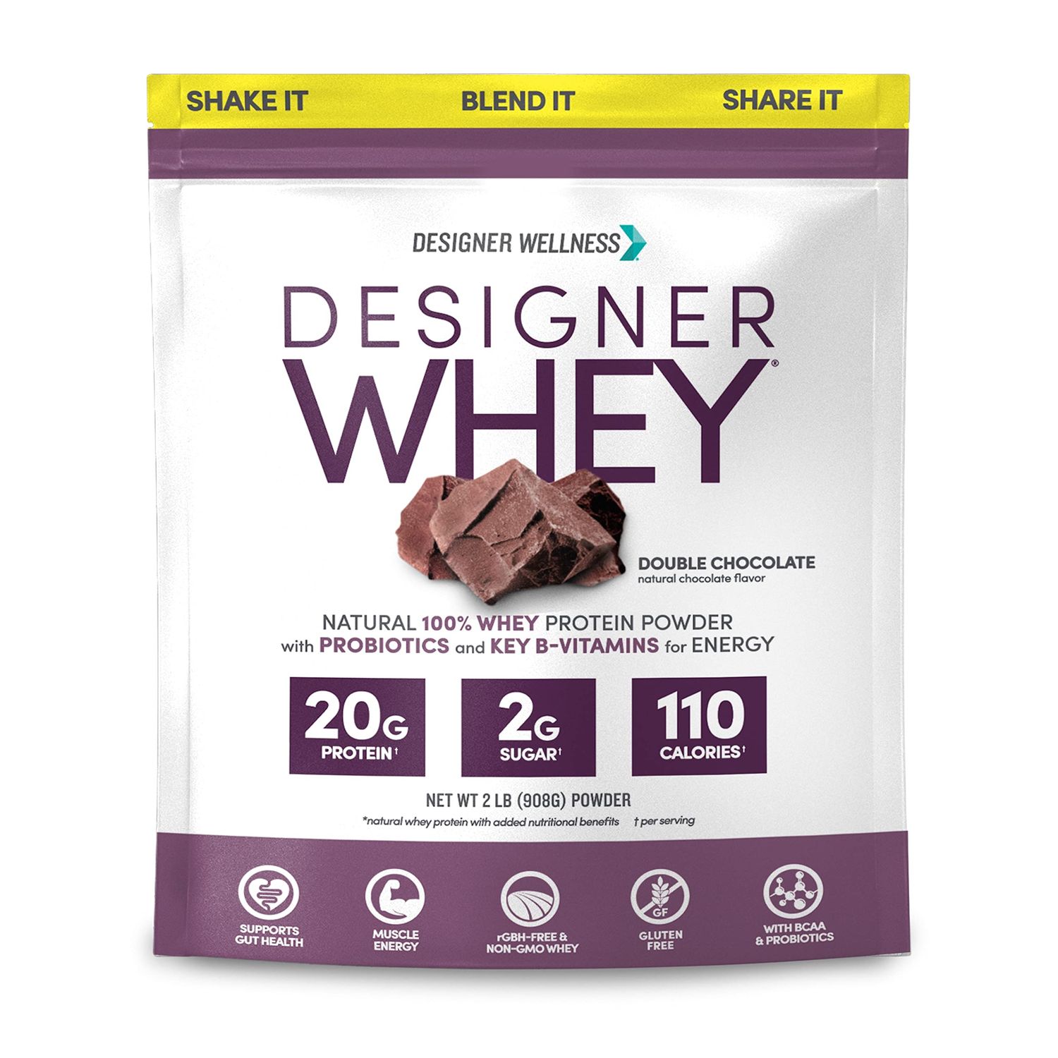 Designer Wellness, Designer Whey, Natural Whey Protein Powder with Probiotics, Fiber, and Key B-Vitamins for Energy, Gluten-Free &amp; Kosher, Double Chocolate, 2 lb