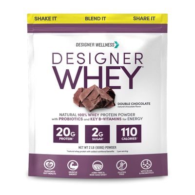 Designer Wellness, Designer Whey, Natural Whey Protein Powder with Probiotics, Fiber, and Key B-Vitamins for Energy, Gluten-Free &amp; Kosher, Double Chocolate, 2 lb