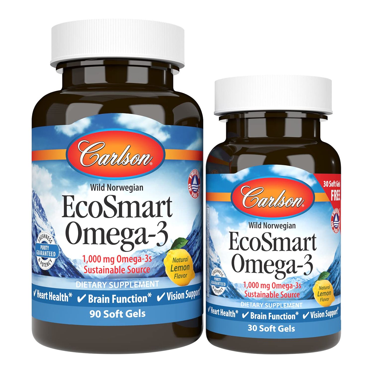 Carlson - EcoSmart Omega-3, 1000 mg Omega-3s Sustainable Source, Heart Health, Brain Function &amp; Vision Support, Lemon, 90+30 soft gels