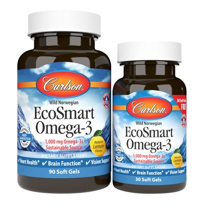 Carlson - EcoSmart Omega-3, 1000 mg Omega-3s Sustainable Source, Heart Health, Brain Function &amp; Vision Support, Lemon, 90+30 soft gels