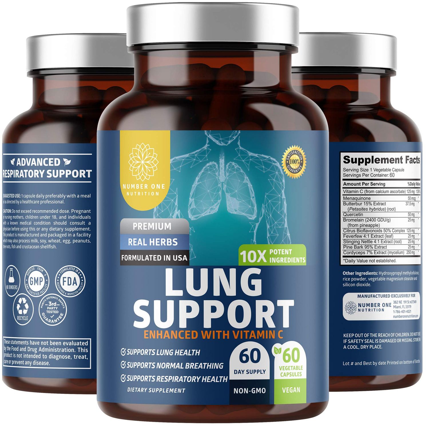 Number One Nutrition N1N Premium Lung Support Supplement [10 Potent Ingredients] Natural Lung Cleanse &amp; Detox with Quercetin, Bromelain and Vitamin C to Help Support Respiratory Health, 60 Veg Caps