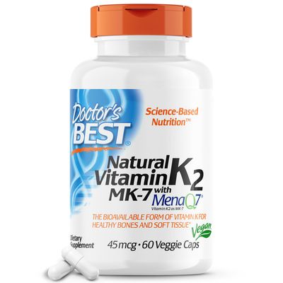 Doctor&#39;s Best Natural Vitamin K2 Mk-7 with MenaQ7, 45 mcg Vitamin K2, Supports Bone Health &amp; Tissue, Non-GMO, Gluten Free, Soy-Free, Vegan, 60 Veggie Capsules