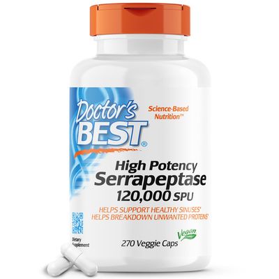 Doctor&#39;s Best High Potency Serrapeptase, Supports Healthy Sinuses and a Healthy Immune System, Non-GMO, Gluten Free, Vegan, 120, 000 SPU, 270 Veggie Caps
