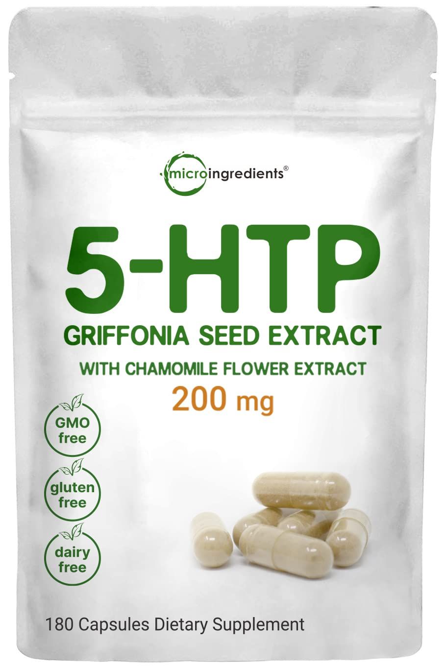 Micro Ingredients 5-HTP 200mg with Chamomile Flower Extract, 180 Capsules, 2 in 1 Formula, 98% Griffonia Seed Extract, Enhanced with Chamomile | Highly Bioavailable for Mood, Sleep &amp; Relaxation
