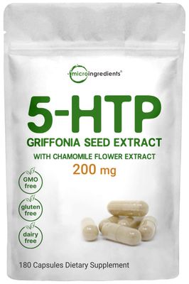 Micro Ingredients 5-HTP 200mg with Chamomile Flower Extract, 180 Capsules, 2 in 1 Formula, 98% Griffonia Seed Extract, Enhanced with Chamomile | Highly Bioavailable for Mood, Sleep &amp; Relaxation