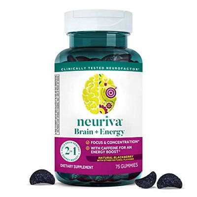 NEURIVA Brain + Energy Gummies, Nootropic Brain Supplements for Focus and Concentration with Neurofactor, Vitamin B12 &amp; Caffeine for an Energy Boost*, 75ct Natural BlackBerry