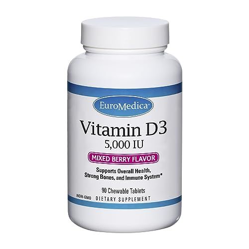 Euromedica Vitamin D3 5000 IU - 90 Chewable Tablets, Mixed Berry - Supports Overall Health, Strong Bones &amp; Teeth + Immune System Function - 90 Servings