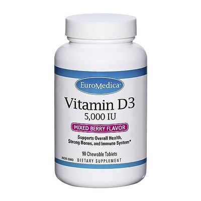Euromedica Vitamin D3 5000 IU - 90 Chewable Tablets, Mixed Berry - Supports Overall Health, Strong Bones &amp; Teeth + Immune System Function - 90 Servings