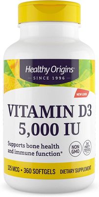 Healthy Origins Vitamin D3 (Lanolin) 5,000 IU - Bone Health and Immune Support Supplement - Easily Absorbable Vitamin D Supplements - Gluten-Free Vitamin D3 Supplement - 360 Softgels