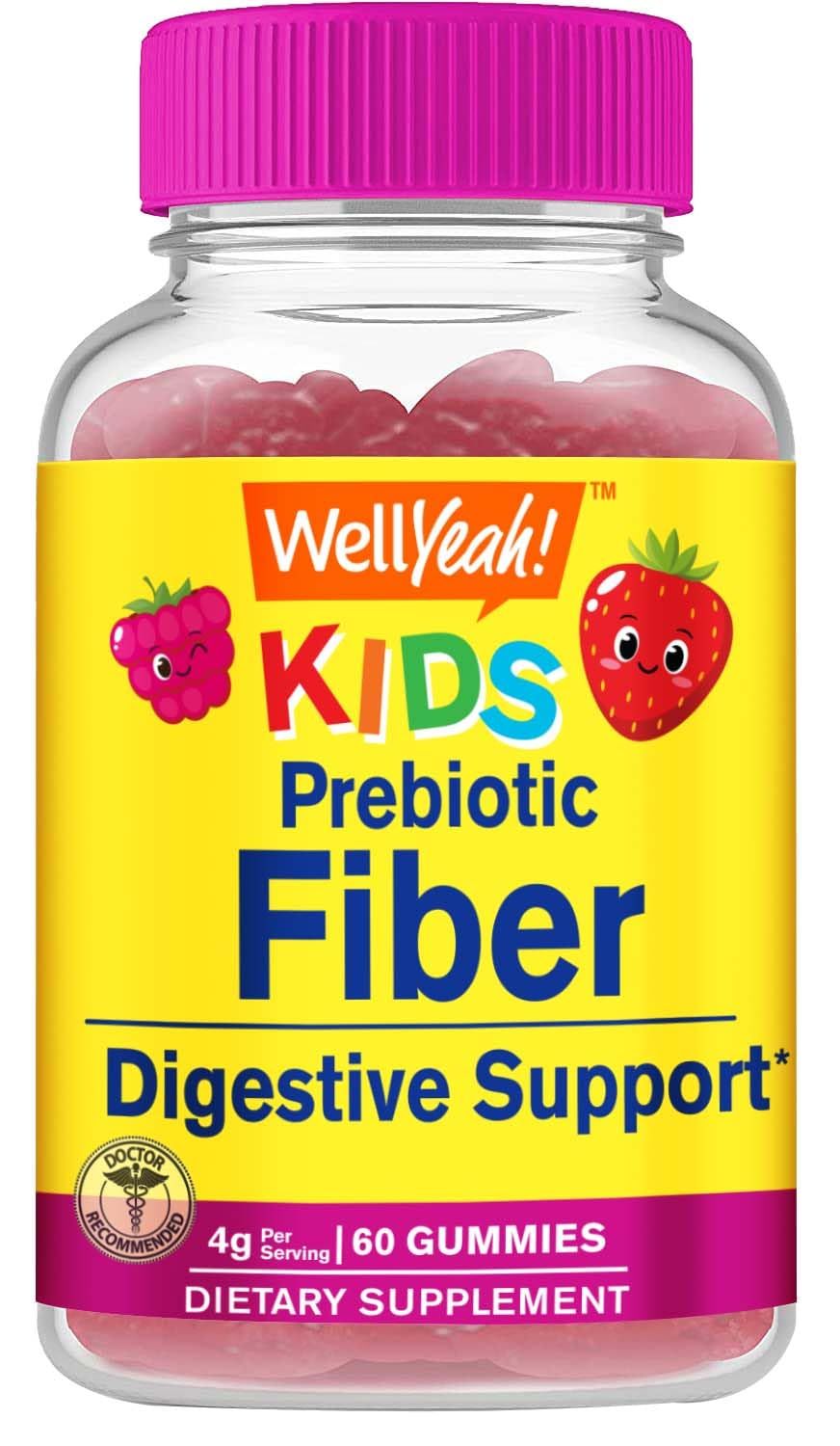 WellYeah Prebiotic Fiber Gummies for Kids - Digestive System Support, Doctor Recommended - Vegan Friendly and Gluten-Free, GMO Free - Yummy Berry Flavors - 60 Count