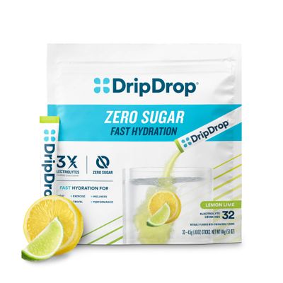 DripDrop Hydration - Zero Sugar Lemon Lime - Electrolyte Drink Mix Single Serve Hydration Powder Packets | Non-GMO, Gluten Free, Vegan | 32 Sticks