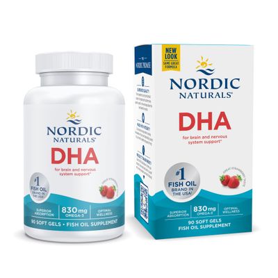 Nordic Naturals DHA, Strawberry - 90 Soft Gels - 830 mg Omega-3 - High-Intensity DHA Formula for Brain &amp; Nervous System Support - Non-GMO - 45 Servings