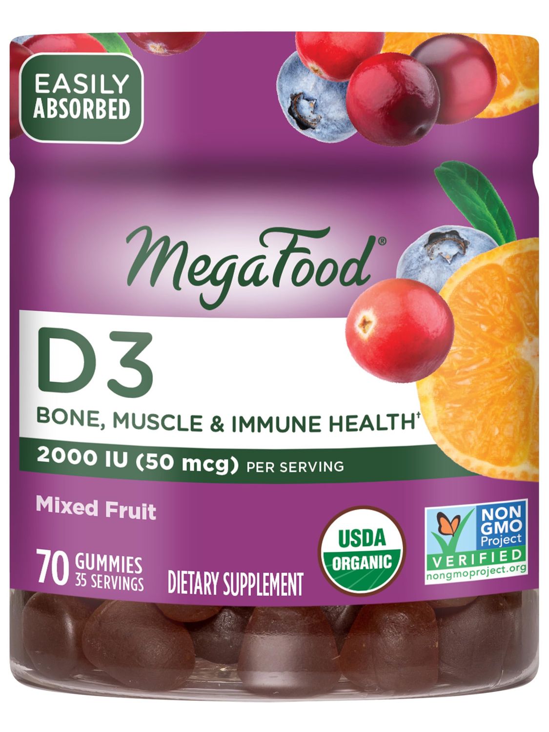 MegaFood Vitamin D3 Gummies 2000 IU (50 mcg) - Vitamin D Gummies Mixed Fruit Flavor, Bone, Muscle &amp; Immune Support Supplement, Vegetarian, Gluten-Free, USDA Organic - 70 Gummies, 35 Servings