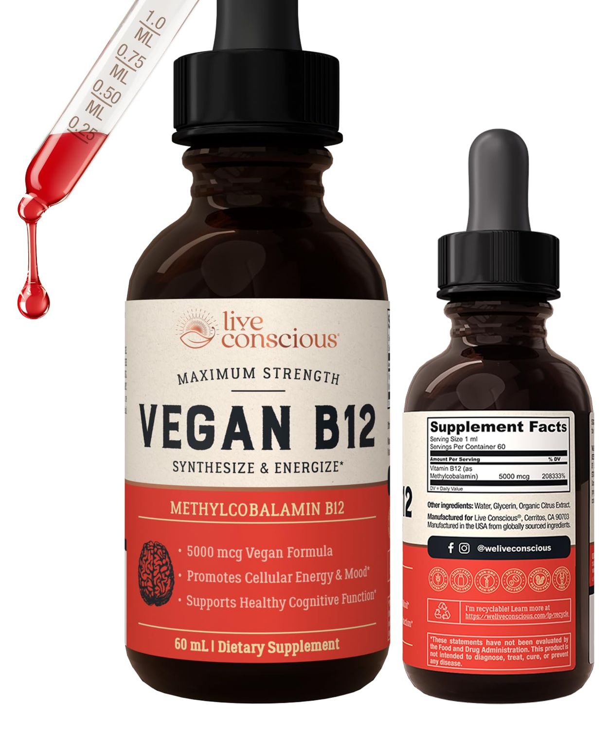 Vegan Vitamin B12 Sublingual Liquid Drops by Live Conscious- Methylcobalamin Max Strength B12 5000mcg Formula - Vegan B 12 Vitamin Support Energy, Promote Memory &amp; Aid Immune System - 60 Serving