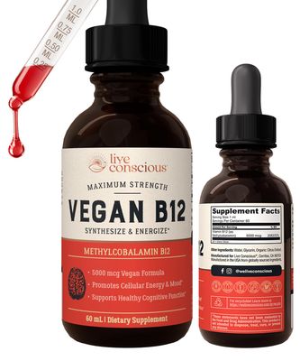 Vegan Vitamin B12 Sublingual Liquid Drops by Live Conscious- Methylcobalamin Max Strength B12 5000mcg Formula - Vegan B 12 Vitamin Support Energy, Promote Memory &amp; Aid Immune System - 60 Serving