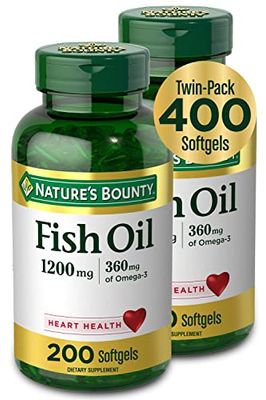 Nature&#39;s Bounty Fish Oil, Dietary Supplement with 360mg Omega-3, Supports Heart Health, 1200mg, 200 Softgels (Pack of 2)
