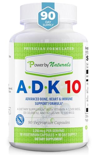 Power By Naturals ADK Vitamin Supplement - ADK 10 High Potency with Vitamins A, D3 10,000 IU &amp; K2 MK7 for Superior Heart, Immune &amp; Bone Health Support - 90 Capsules, 1 Pack (3-Month Supply)