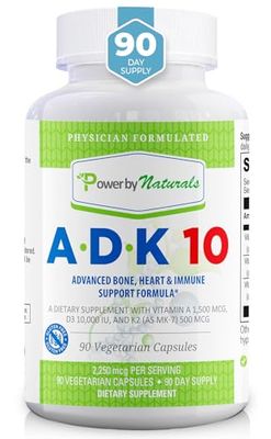 Power By Naturals ADK Vitamin Supplement - ADK 10 High Potency with Vitamins A, D3 10,000 IU &amp; K2 MK7 for Superior Heart, Immune &amp; Bone Health Support - 90 Capsules, 1 Pack (3-Month Supply)