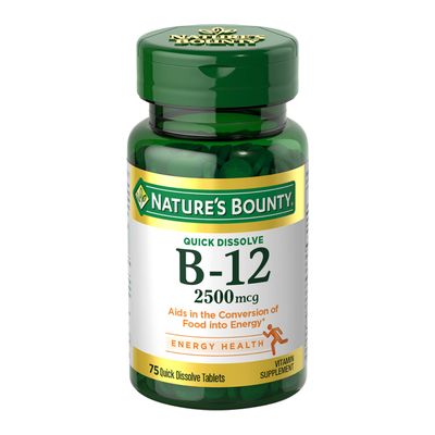 Natures Bounty Vitamin B12 2500 mcg, Cellular Energy Support, For Energy Metabolism, Heart &amp; Nervous System Health, 75 Quick Dissolve Tablets