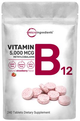 Micro Ingredients Vitamin B12 5000mcg | Methyl B12 Active Form - 240 Chewable Tablets | Fast Dissolve, Natural Strawberry Flavor, Support Energy, Metabolism Health | Vegan, Non-GMO, &amp; No Glute