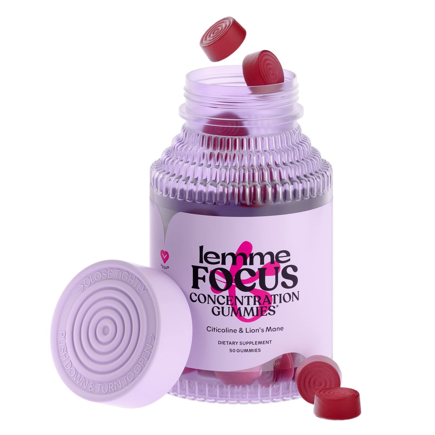 Lemme Focus Concentration &amp; Brain Health Gummies with Cognizin Citicoline, Lion&#39;s Mane Mushroom, Vitamin B12 - Vegan, Gluten Free, Caffeine Free, Strawberry (50 Count)