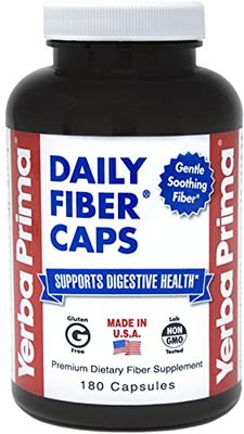 Yerba Prima Daily Fiber Caps - 180 Capsules - Soluble &amp; Insoluble Dietary Fiber Supplement - Colon Cleanse - Gut Health - Vegan, Non-GMO, Gluten-Free