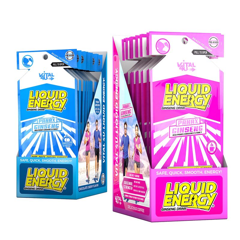 VITAL 4U Liquid Energy Shot - Coffee &amp; Chocolate Cherry Combo Pack, Ginseng, B Vitamins, Naturally Sweetened, 24 ct