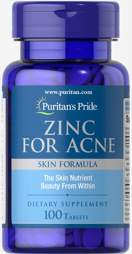 Puritan&#39;s Pride Zinc for Acne Skin Formula with Vitamins C, B-6, A, and E for Men and Women, Dietary Supplement for Clear Healthy Skin, Immune System, Cell Division and Growth Support, 100 Tablets