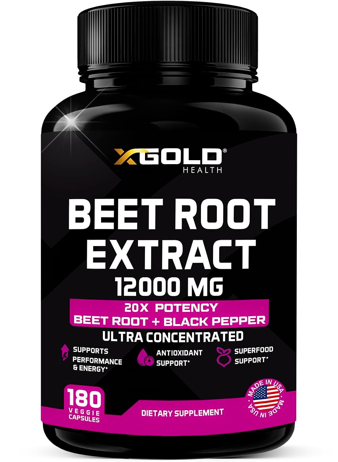 Beet Root Extract Capsules - 12000mg 20x Concentrated Beet Root Capsules Supplement w/Black Pepper - High Nitrates - Natural Nitric Oxide Booster - Highly Concentrated &amp; Bioavailable -180 Veggie Caps