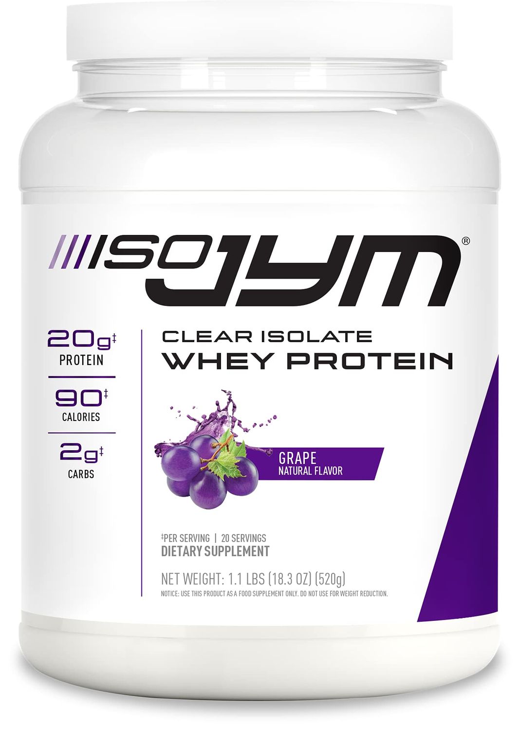 Iso JYM Grape, 90 Calories, 100% Whey Protein Isolate, Zero Fat, Zero Sugars, Mixes Clear, for Women &amp; Men, JYM Supplement Science, 20 Servings