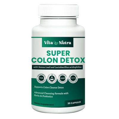 Vita Nutra Super Colon Detox Stool Softener &amp; Cleanse | Smooth, Gentle, and Advanced Cleaning with Senna Leaf, Probiotics, Cascara Sagrada Bark, Psyllium Husk, Flaxseed, Aloe, Licorice, (1 Bottle)