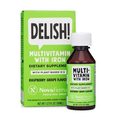 NovaFerrum Delish | Vegan Multivitamin with Iron for Infants, Toddlers &amp; Kids | Immune Support | Organic Plant-Based D-3 | Gluten Free | Vegan Verified | Sugar Free | 1.69 Fl Oz (50 mL)